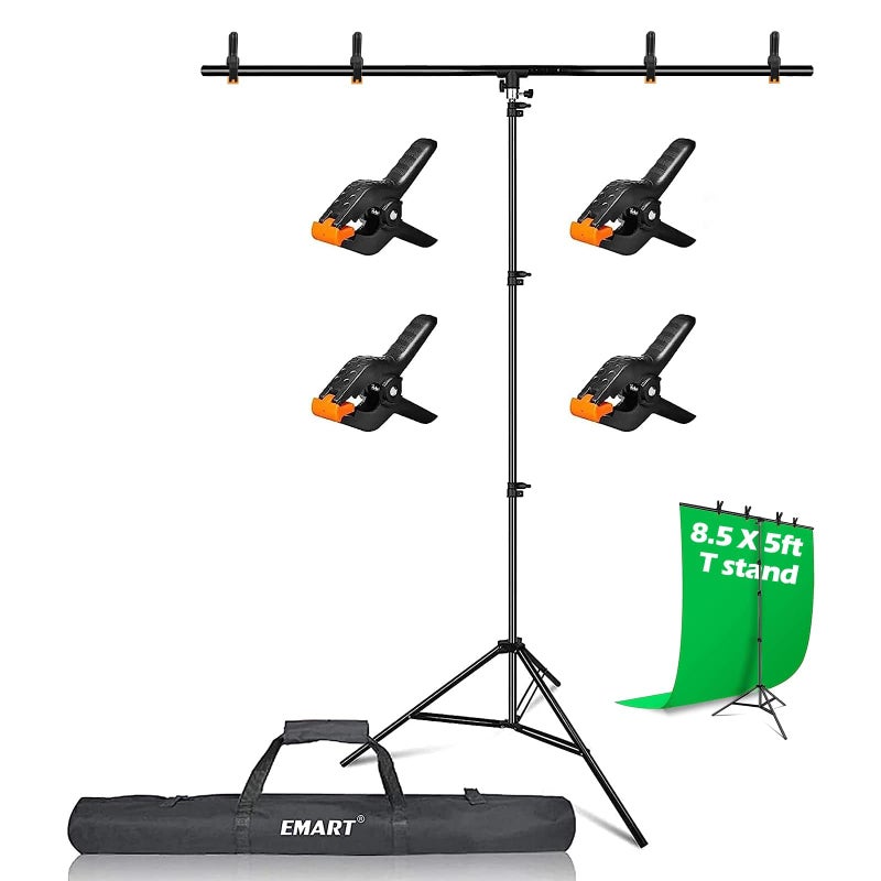 EMART طقم حامل خلفية قابل للنقل على شكل T من EMART بحجم 8.5 × 5 قدم مع إطار قابل للتعديل، 4 مشابك زنبركية وحقيبة حمل للحفلات، التصوير الفوتوغرافي، الفيديو، ودعم خلفية الاستوديو - Image 1